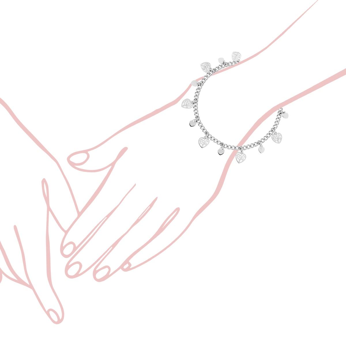 Bracciale Catena Grumetta con Cuori plain e Cuori con Albero traforato pendenti in ARGENTO 925 Galvanica Rodio