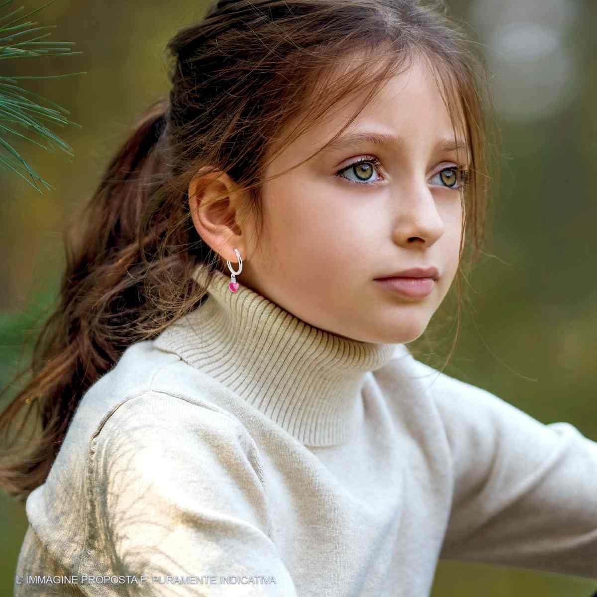 Orecchini Bimba Boccoli Cerchio con Cuore Smalto Rosa pendente in ARGENTO 925