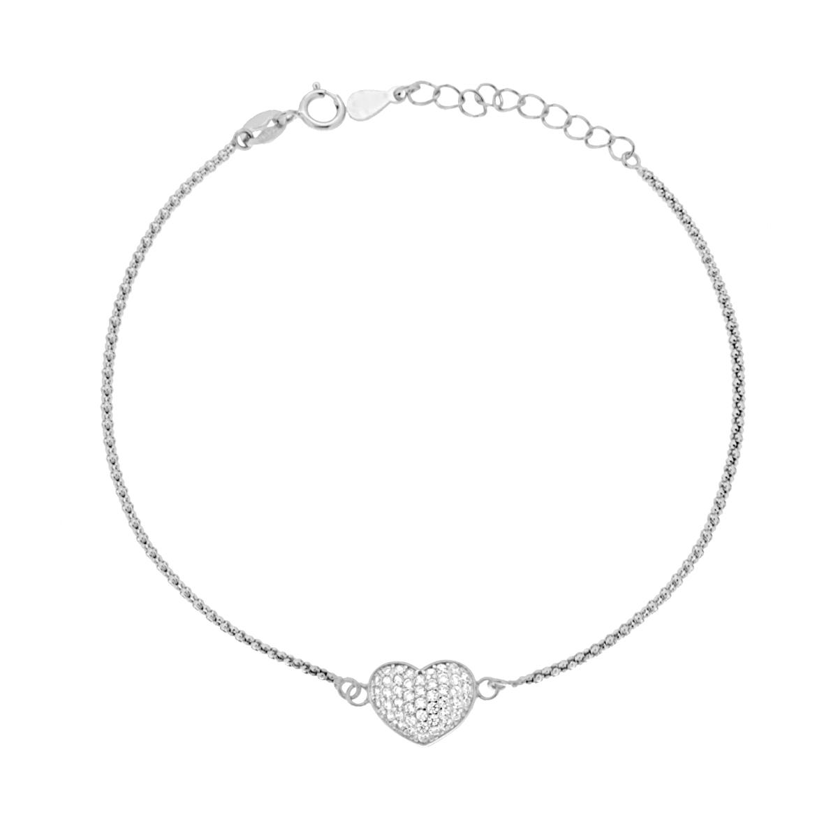 Bracciale Catena Coreana con Cuore e Zirconi Bianchi in ARGENTO 925 Galvanica Rodio