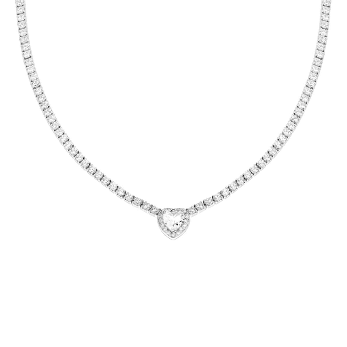 Collana Tennis con Cubic Zirconia Bianchi con Cubic Zirconia Cuore centrale Bianco contornato da Cubic Zirconia Bianchi in ARGENTO 925 Galvanica Rodio