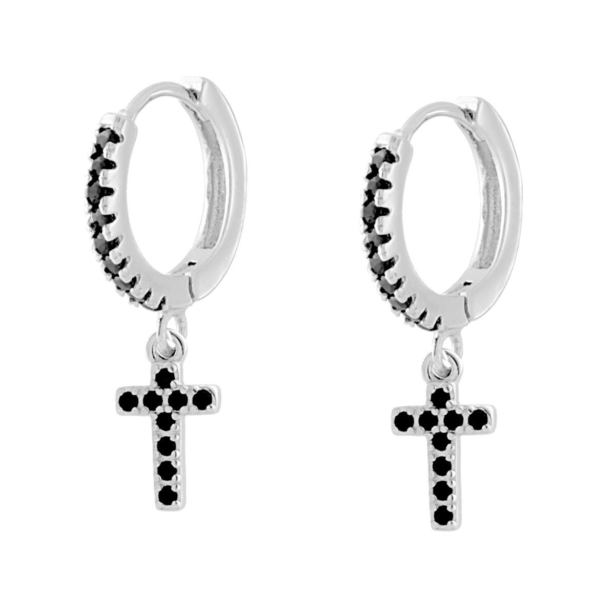 Orecchini Cerchio a Scattino con Zirconi Neri e Croce pendente Zirconi Neri in ARGENTO 925 Galvanica Rodio