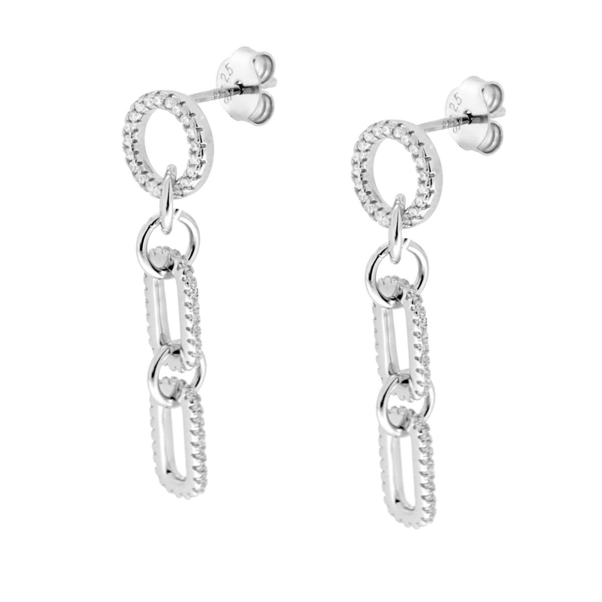 Orecchini Cerchio Catena pendente con Zirconi Bianchi in ARGENTO 925 Galvanica Rodio