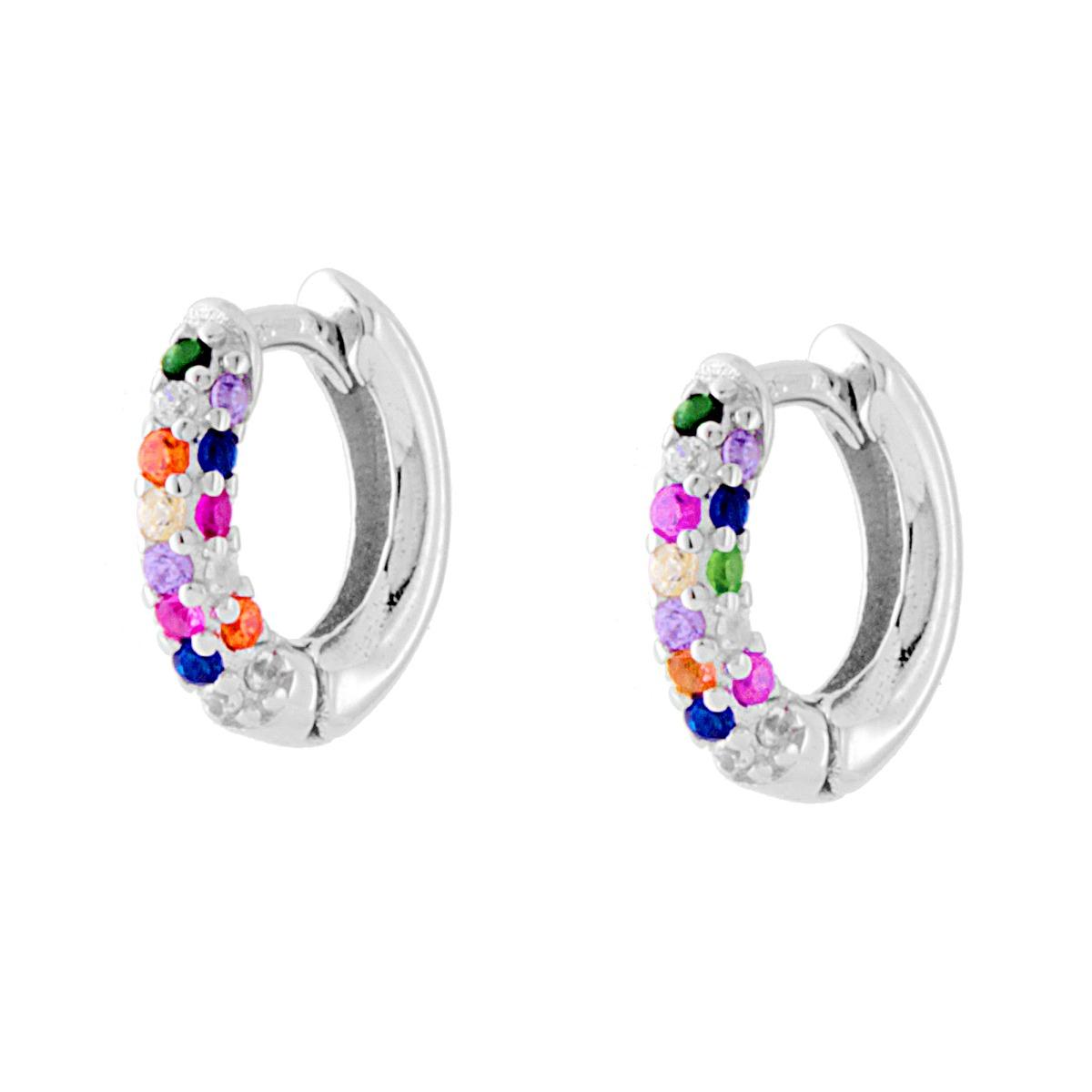 Orecchini Cerchio a Scattino mm 10 con Zirconi Multicolor Rainbow in ARGENTO 925 Galvanica Rodio