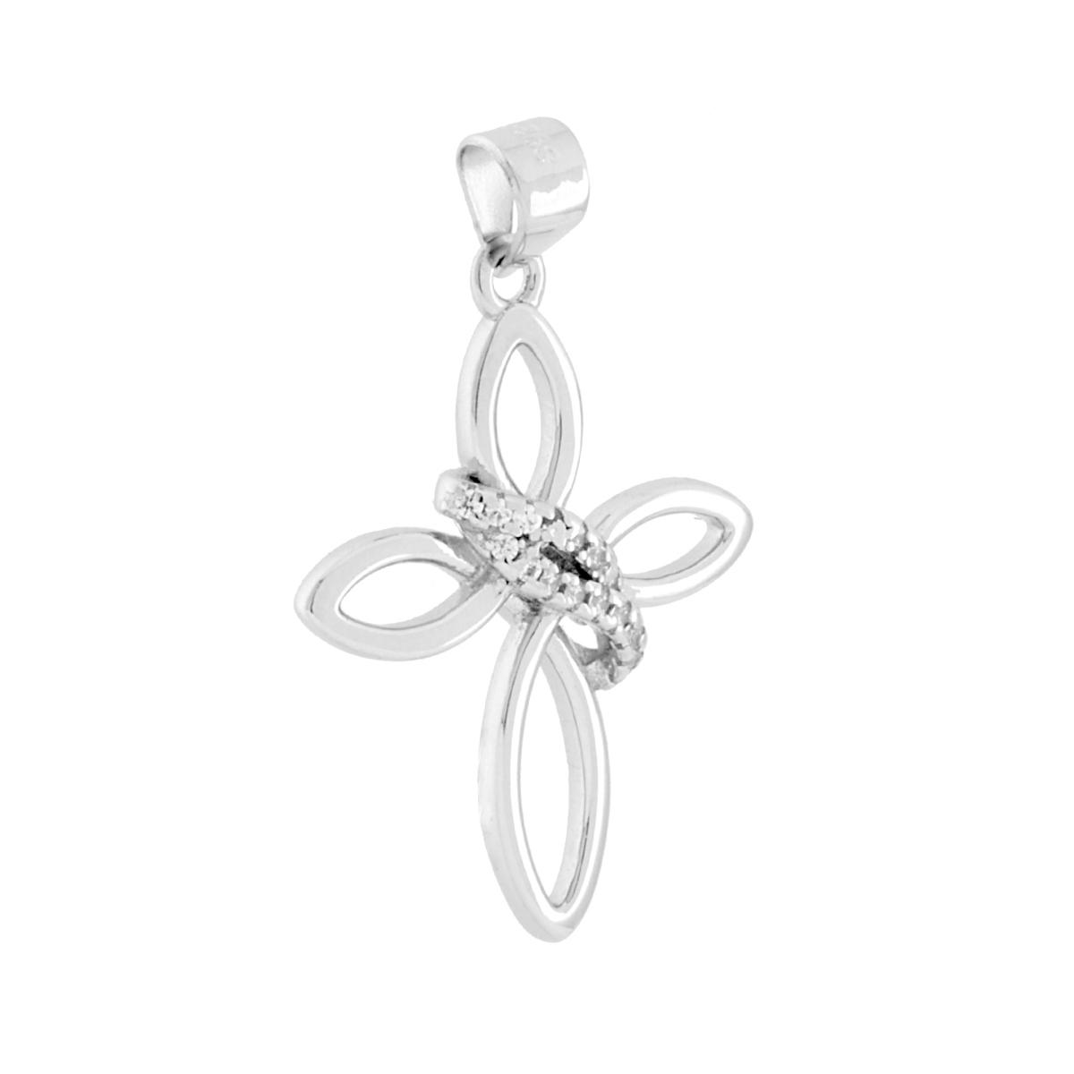 Ciondolo Croce con Nastro e Zirconi Bianchi in ARGENTO 925 Galvanica Rodio