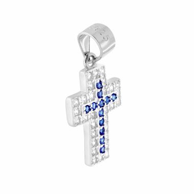 Ciondolo Croce con Zirconi Blu Zaffiro contornati da Zirconi Bianchi in ARGENTO 925 Galvanica Rodio