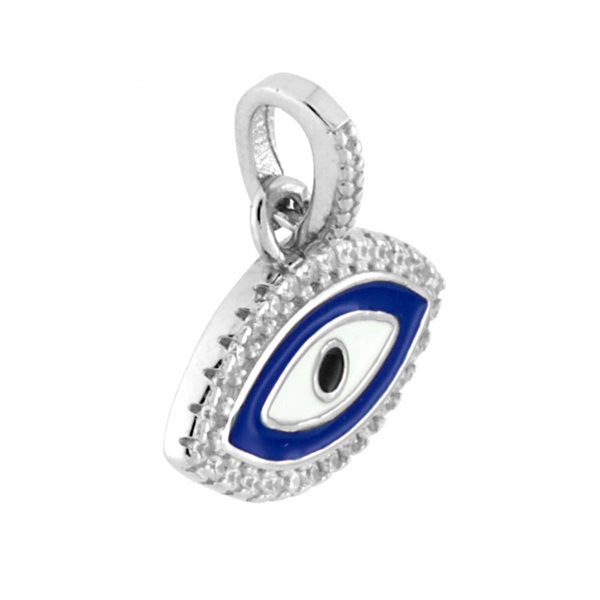 Ciondolo Occhio con Zirconi Bianchi e Smalto Blu e Bianco in ARGENTO 925 Galvanica Rodio