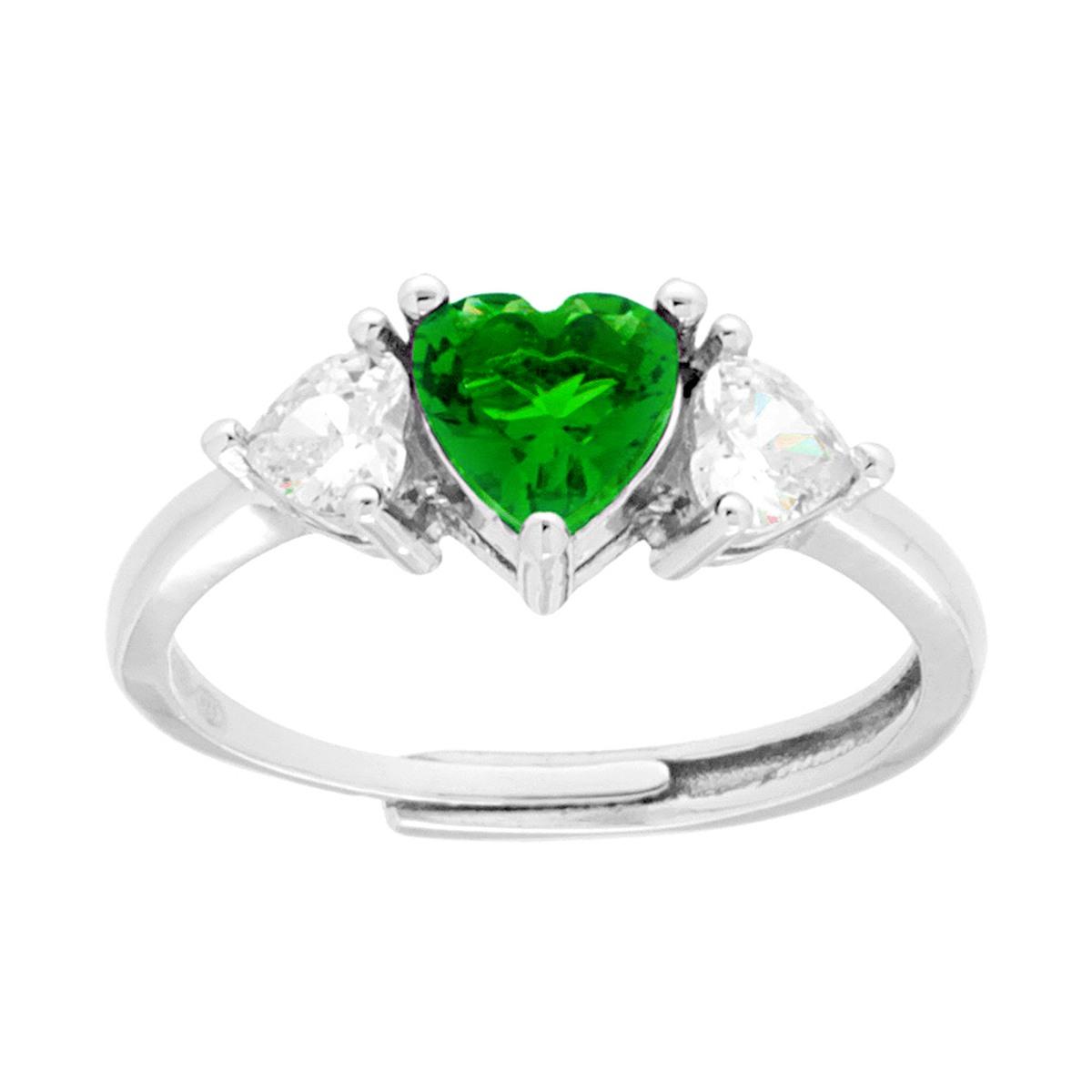 Anello Trilogy Cuore Cubic Zirconia Verde Smeraldo con Cuori Bianchi in ARGENTO 925 Galvanica Rodio