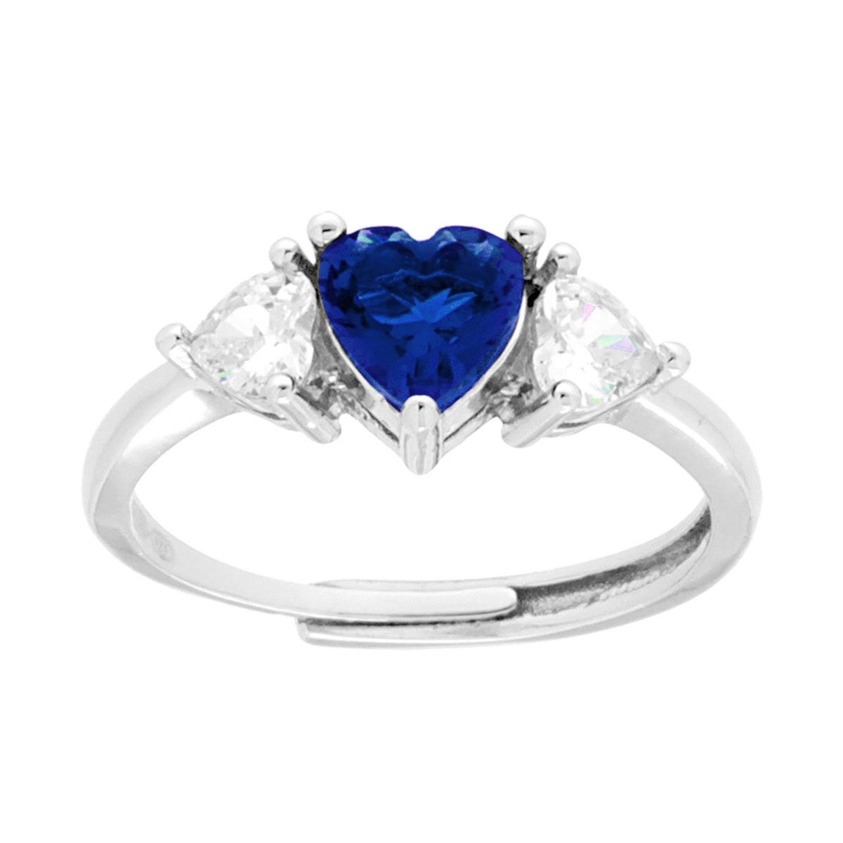 Anello Trilogy Cuore Cubic Zirconia Blu Zaffiro con Cuori Bianchi in ARGENTO 925 Galvanica Rodio