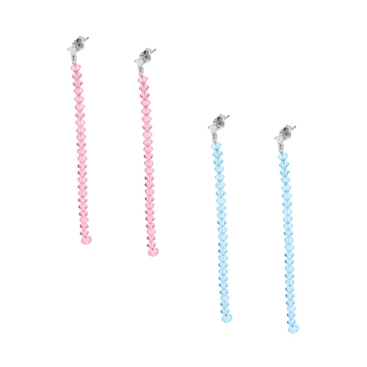 Orecchini Lunghi con Zircone Bianco e Crystal Bianco Rosa o Azzurro in ARGENTO 925 Galvanica Rodio