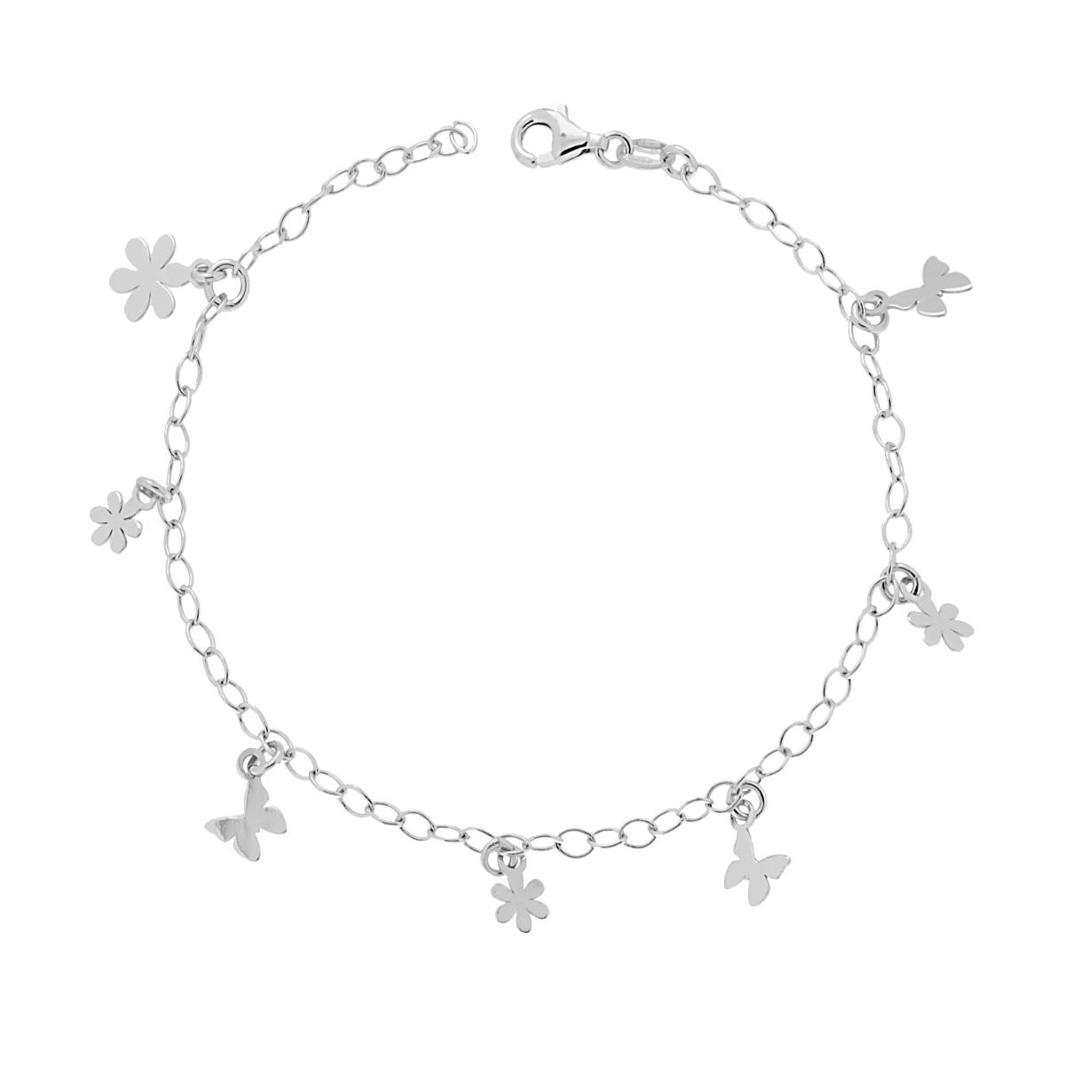 Bracciale Catena Forzatina con Fiori e Farfalle plain pendenti in ARGENTO 925 Galvanica Rodio