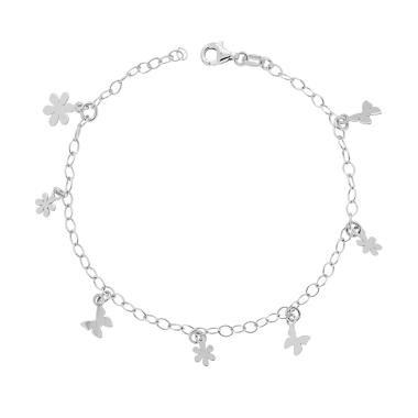 Bracciale Catena Forzatina con Fiori e Farfalle plain pendenti in ARGENTO 925 Galvanica Rodio