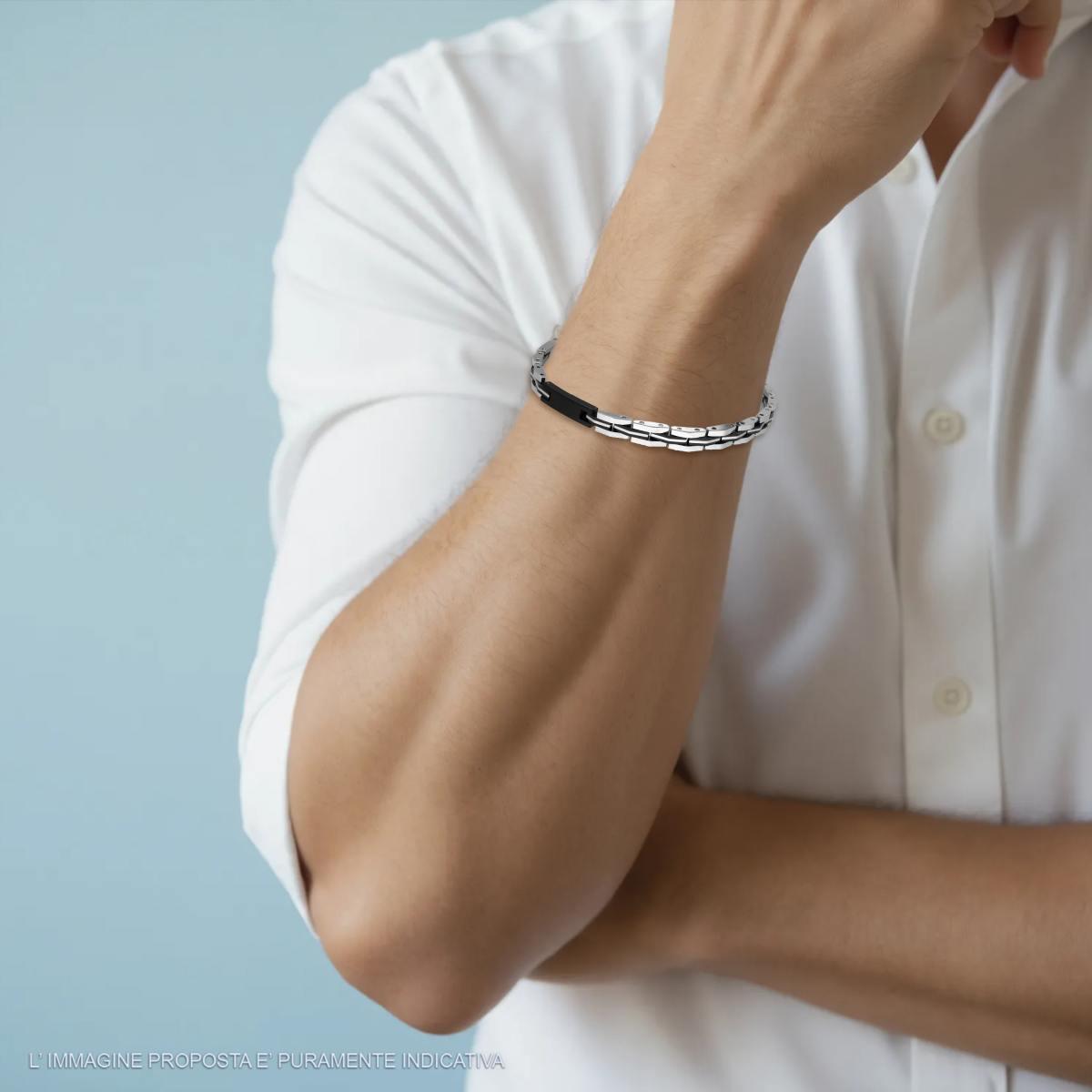 Bracciale Uomo Maglia Imperniata Bicolore con Targa laccata Nera in ACCIAIO