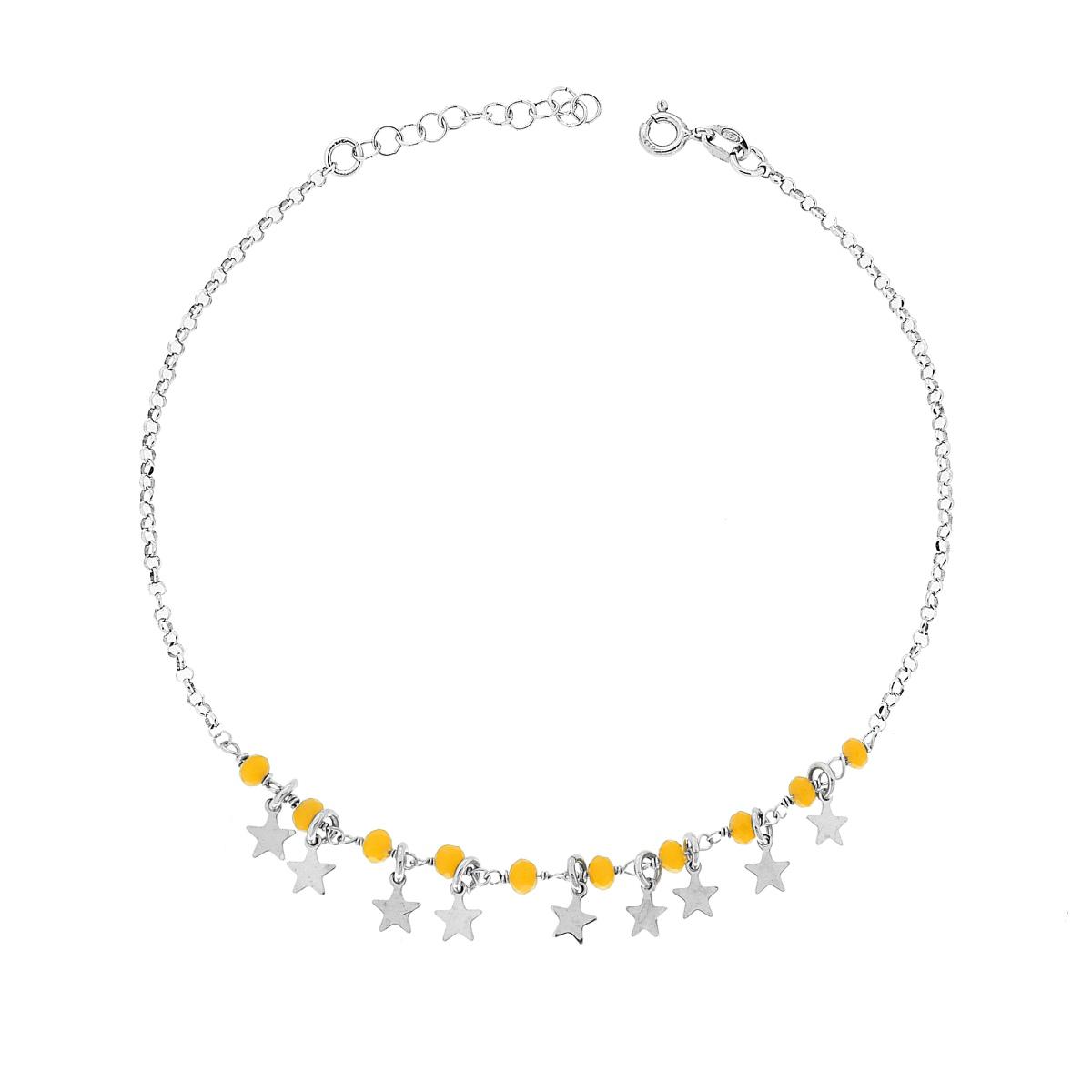 Cavigliera Catena Rolo Diamantata con Crystal Giallo e Stelle plain pendenti in ARGENTO 925 Galvanica Rodio