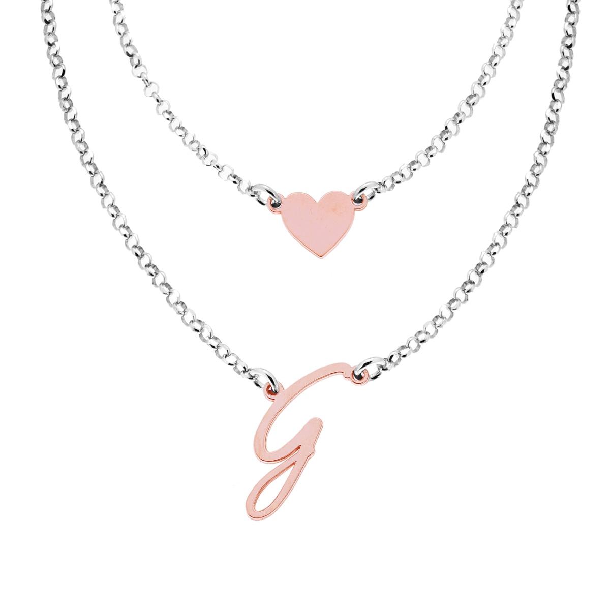 Collana due fili Catena Rolo Diamantata con Lettera Iniziale G e Cuore in ARGENTO 925 Galvanica Rodio e Rosa