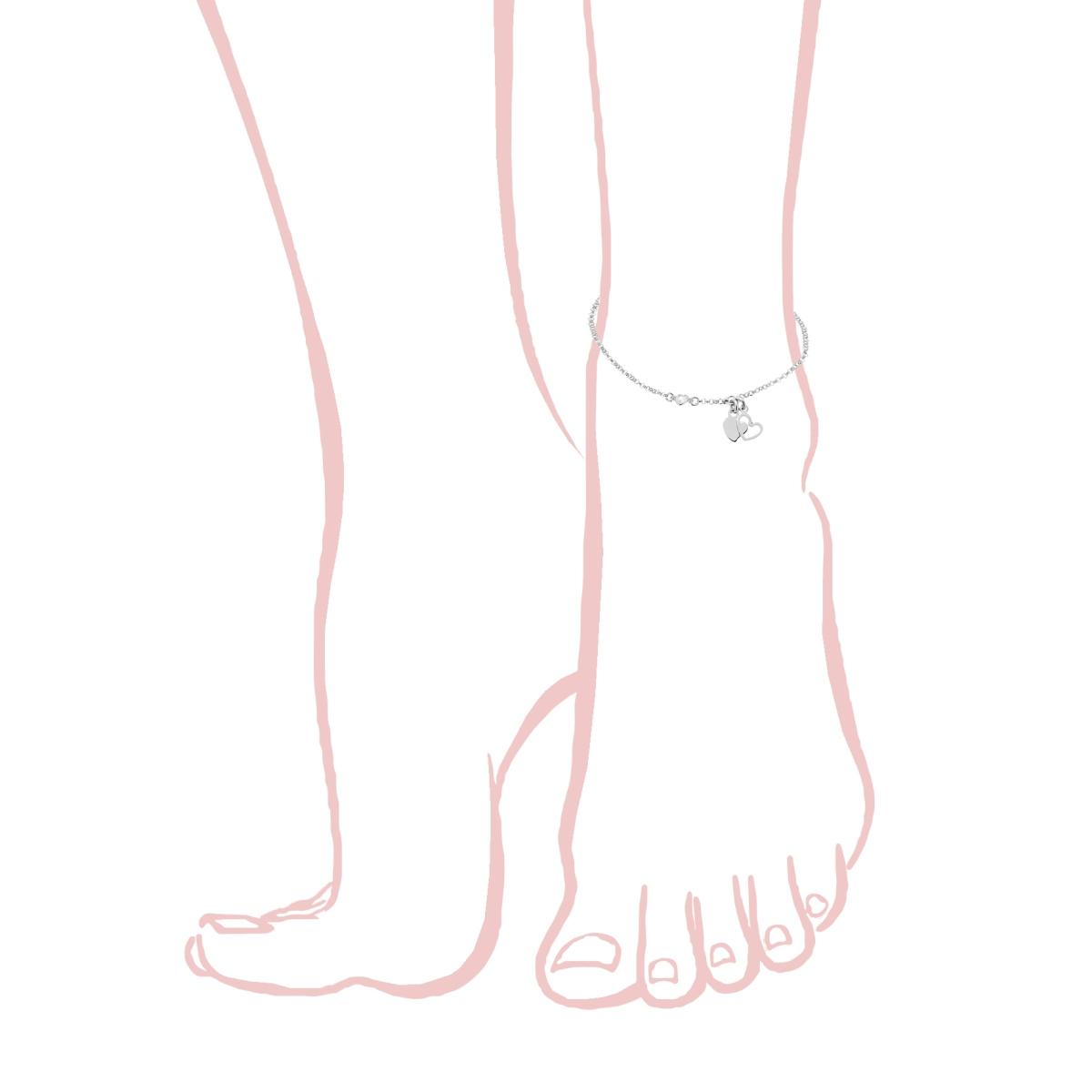 Cavigliera Catena Rolo Diamantata con Cuori e Zircone a Cuore Bianco in ARGENTO 925 Galvanica Rodio