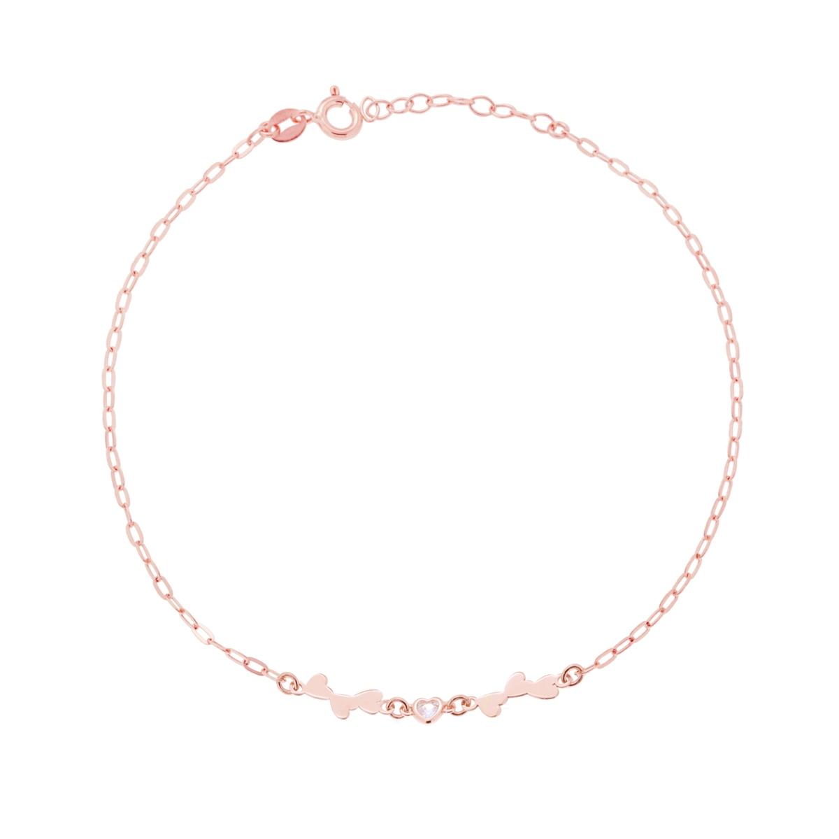 Cavigliera Catena Forzatina Allungata Diamantata con Cuori e Zircone a Cuore Bianco in ARGENTO 925 Galvanica Rosa