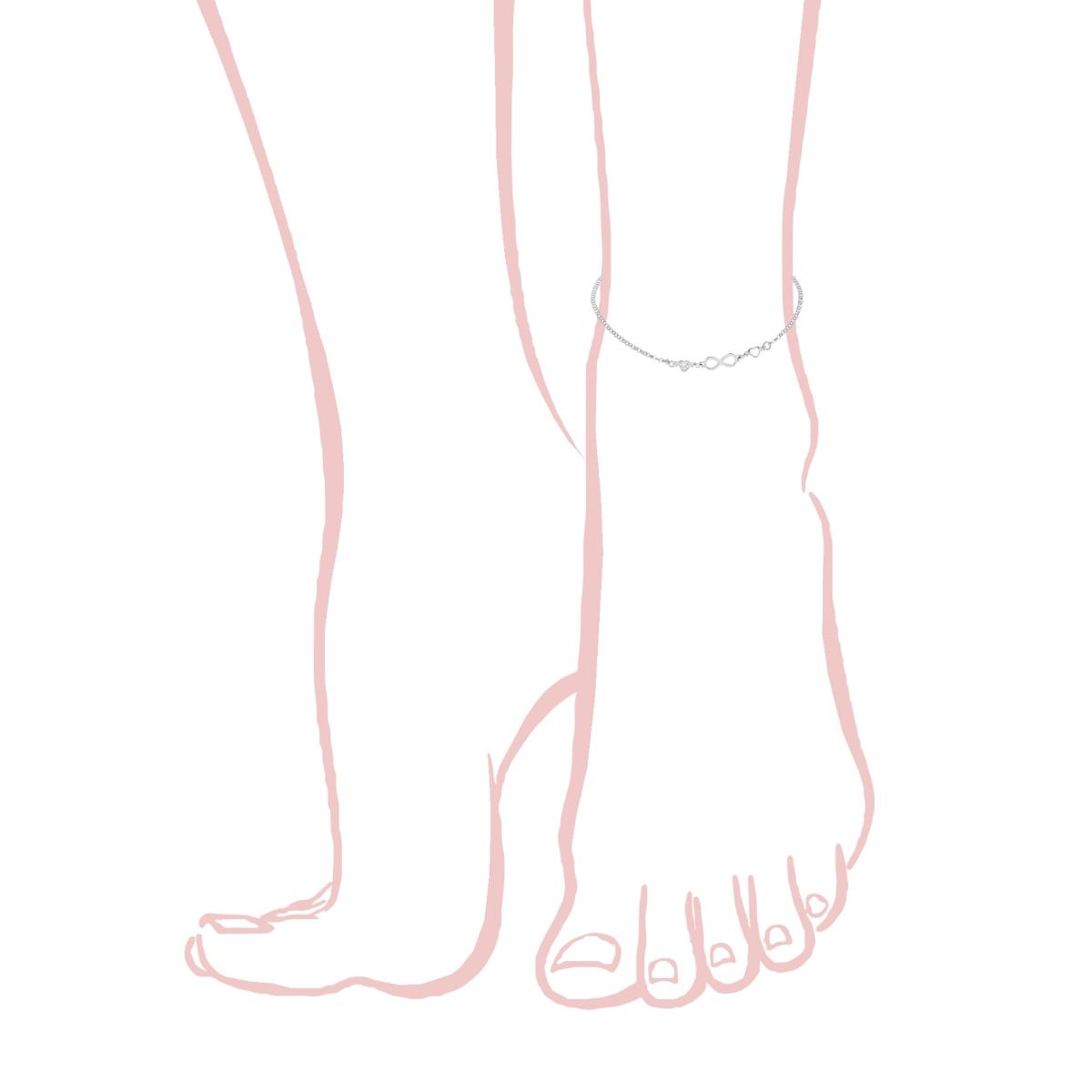 Cavigliera Catena Rolo Diamantata con Infinito e Zirconi a Cuore Bianco in ARGENTO 925 Galvanica Rodio