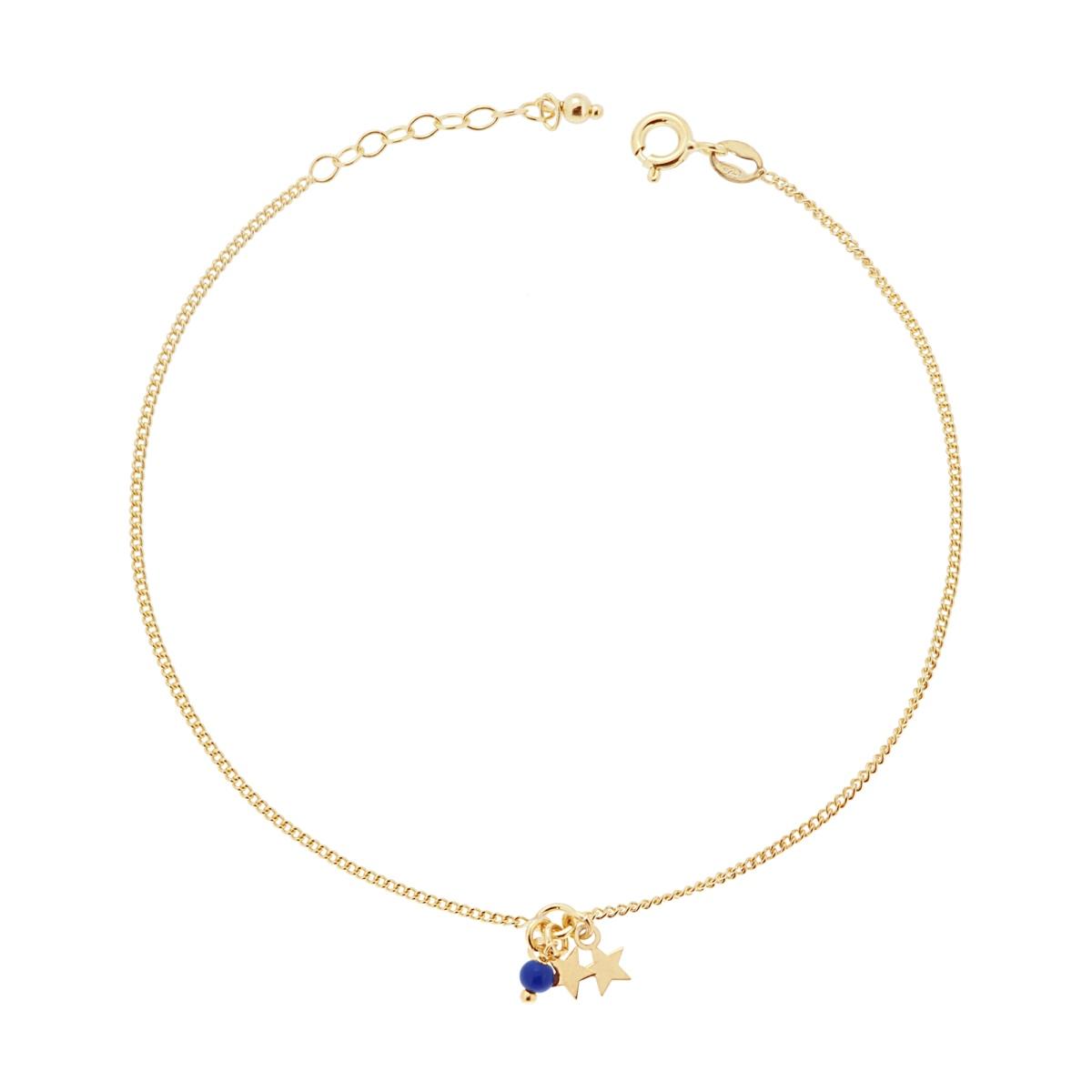 Cavigliera Catena Grumetta Diamantata con Stelle plain e Perlina Blu in ARGENTO 925 Galvanica Oro