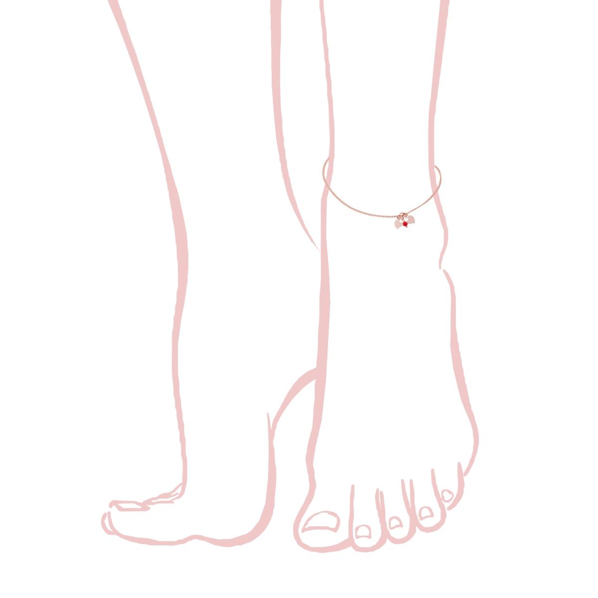 Cavigliera Catena Grumetta Diamantata con Cuori plain e Perlina Rosso in ARGENTO 925 Galvanica Rosa