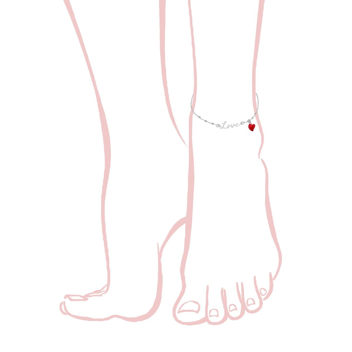 Cavigliera Catena Rolo Diamantata con scritta Love e Cuore smalto Rosso pendente in ARGENTO 925 Galvanica Rodio