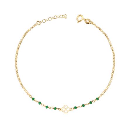 Cavigliera Catena Rolo Diamantata con Quadrifoglio e Crystal Verde Smeraldo in ARGENTO 925 Galvanica Oro