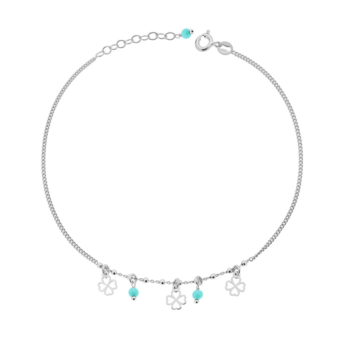 Cavigliera Catena Grumetta Diamantata con Quadrifogli e Perline Verde Acqua pendenti in ARGENTO 925 Galvanica Rodio