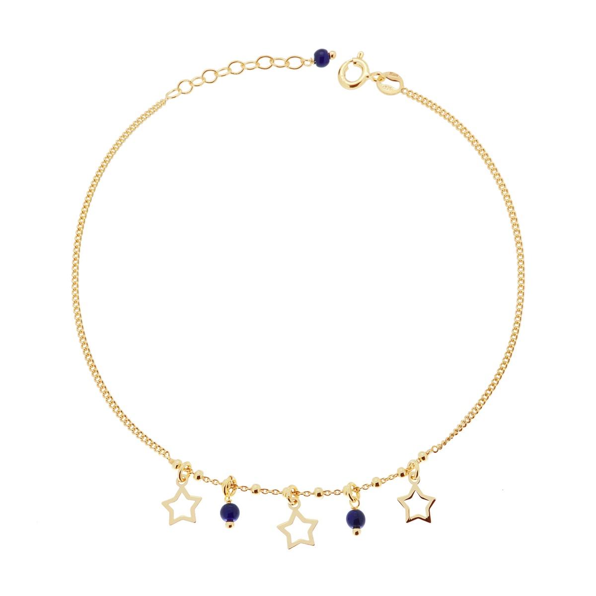 Cavigliera Catena Grumetta Diamantata con Stelle e Perline Blu pendenti in ARGENTO 925 Galvanica Oro