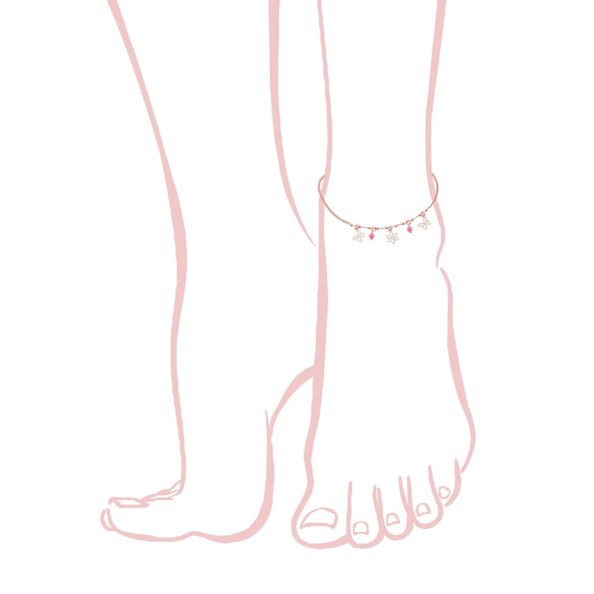 Cavigliera Catena Grumetta Diamantata con Farfalle e Fiore e Perline Rosa pendenti in ARGENTO 925 Galvanica Rosa