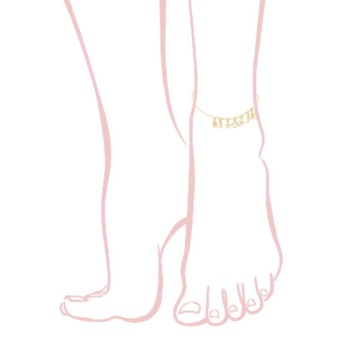 Cavigliera Catena Rolo Diamantata con Conchiglia Polipo Cavalluccio Marino e Stella Marina pendenti in ARGENTO 925 Galvanica Oro