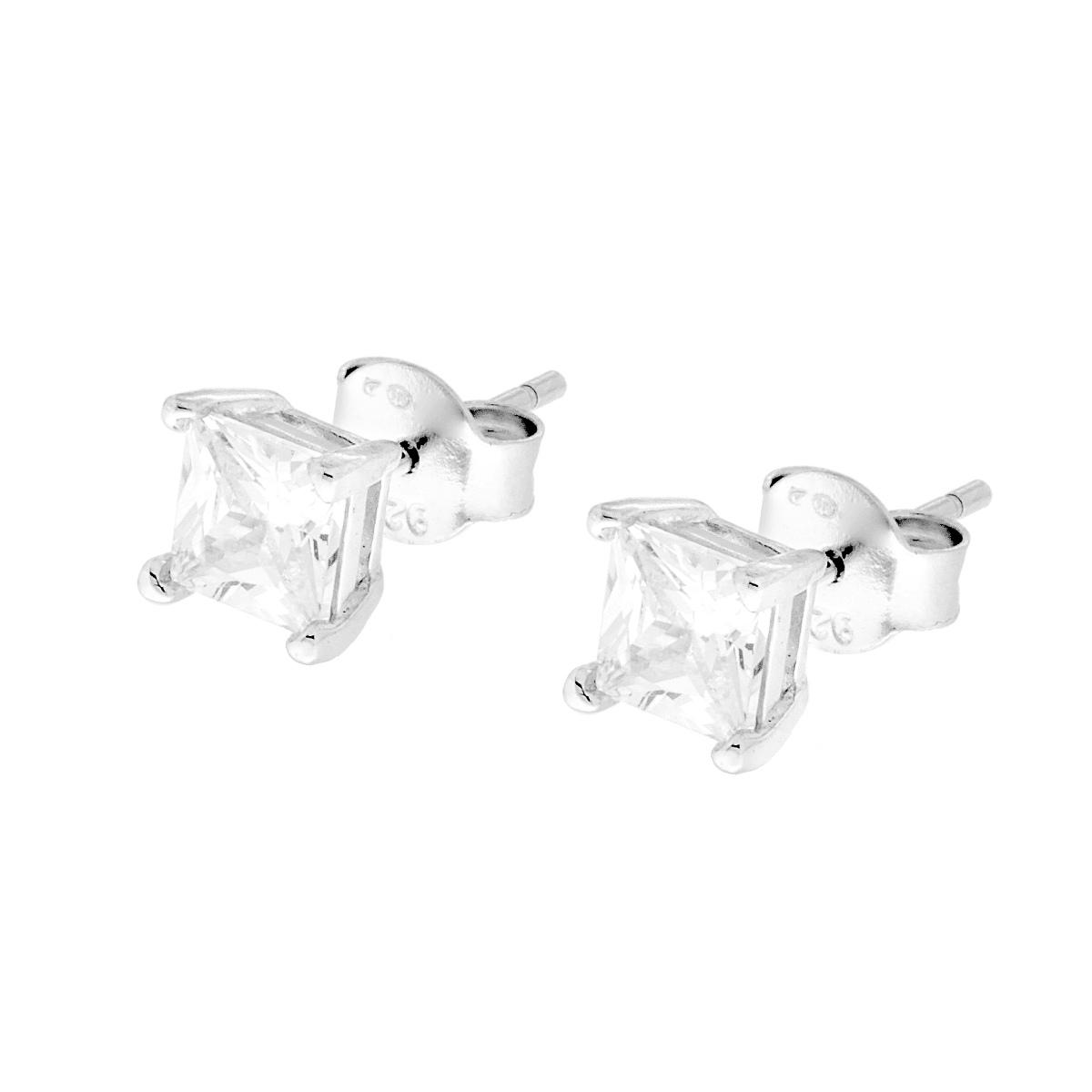 Orecchini Punto Luce Quadrato con Zircone Bianco mm 5 in ARGENTO 925 Galvanica Rodio