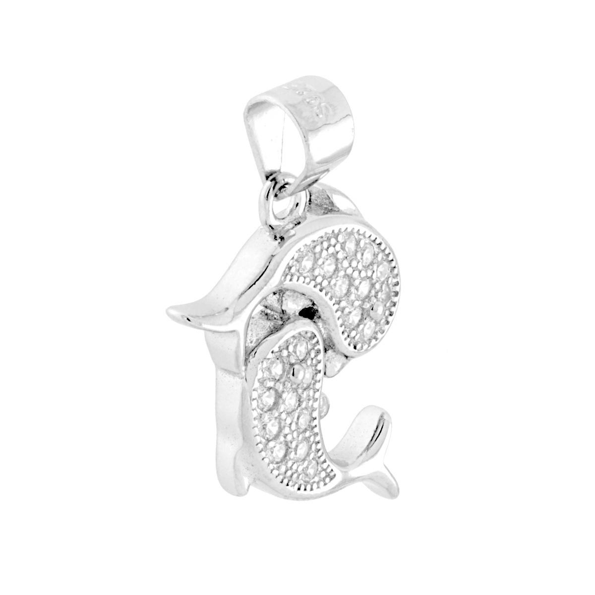 Ciondolo doppio Delfino con Zirconi Bianchi in ARGENTO 925 Galvanica Rodio
