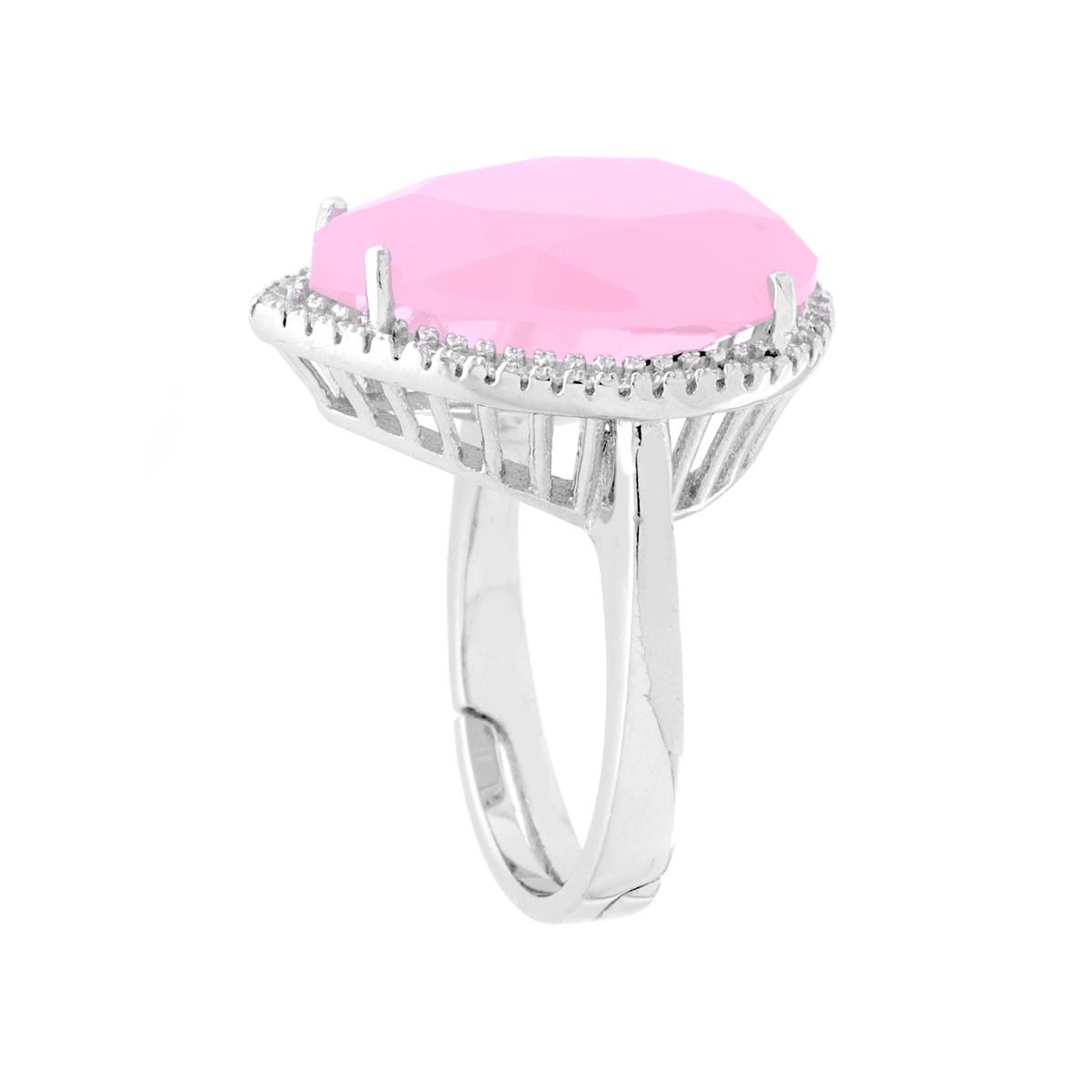 Anello Goccia con Pietra Rosa sfaccettata contornata con Zirconi Bianchi in ARGENTO 925 Galvanica Rodio