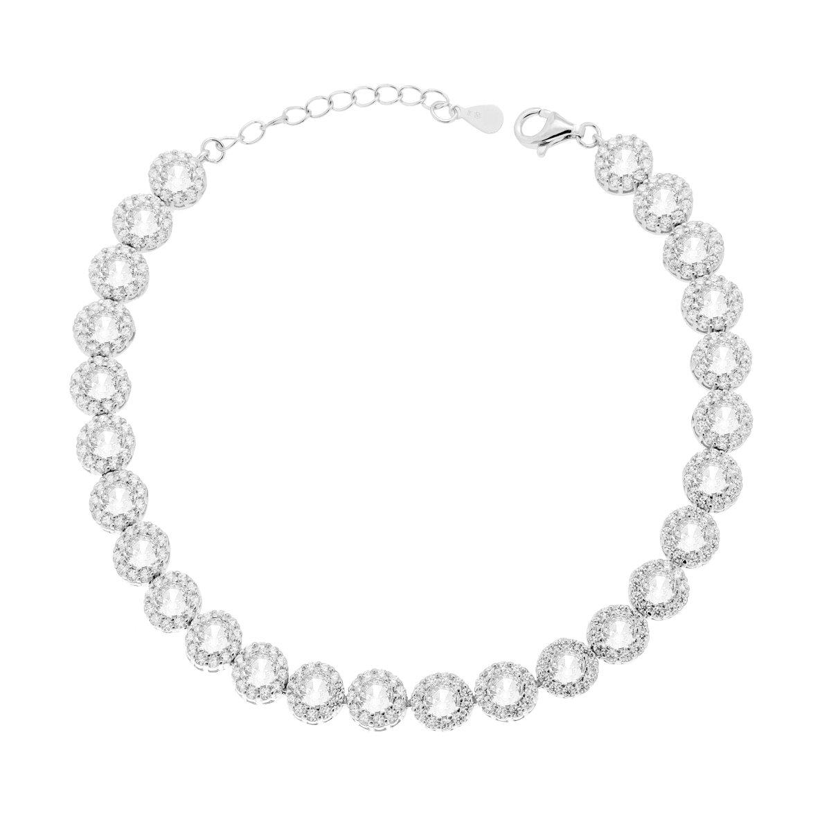 Bracciale Tennis Griffe cm 18+3 Fiore con Cubic Zirconia Bianco contornato da Cubic Zirconia Bianchi in ARGENTO 925 Galvanica Rodio