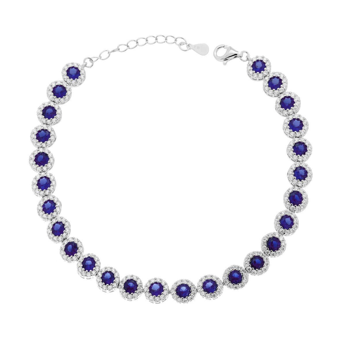 Bracciale Tennis Griffe cm 18+3 Fiore con Cubic Zirconia Blu Zaffiro contornato da Cubic Zirconia Bianchi in ARGENTO 925 Galvanica Rodio