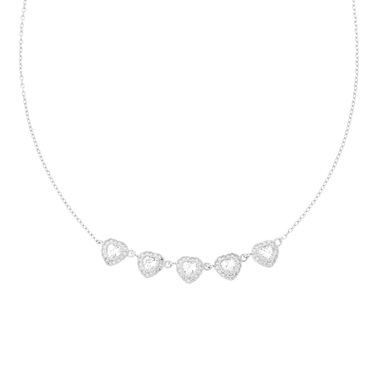 Collana Catena Forzatina Diamantata Cuori con Cubic Zirconia Bianchi contornati da Cubic Zirconia Bianchi in ARGENTO 925 Galvanica Rodio