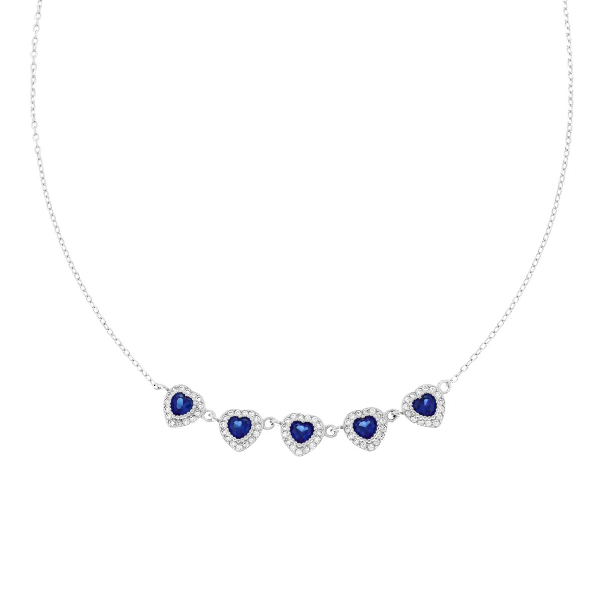 Collana Catena Forzatina Diamantata Cuori con Cubic Zirconia Blu Zaffiro contornati da Cubic Zirconia Bianchi in ARGENTO 925 Galvanica Rodio