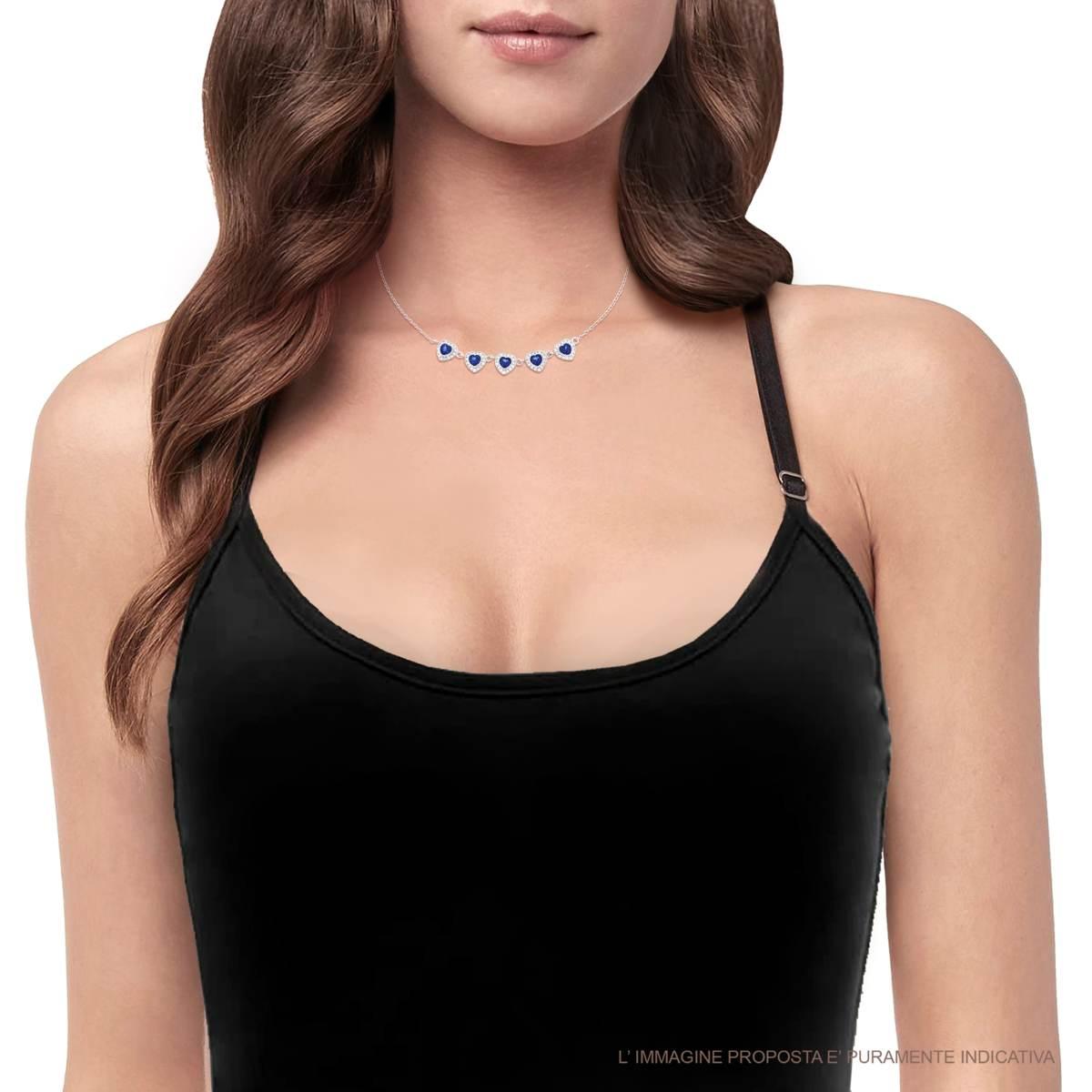 Collana Catena Forzatina Diamantata Cuori con Cubic Zirconia Blu Zaffiro contornati da Cubic Zirconia Bianchi in ARGENTO 925 Galvanica Rodio