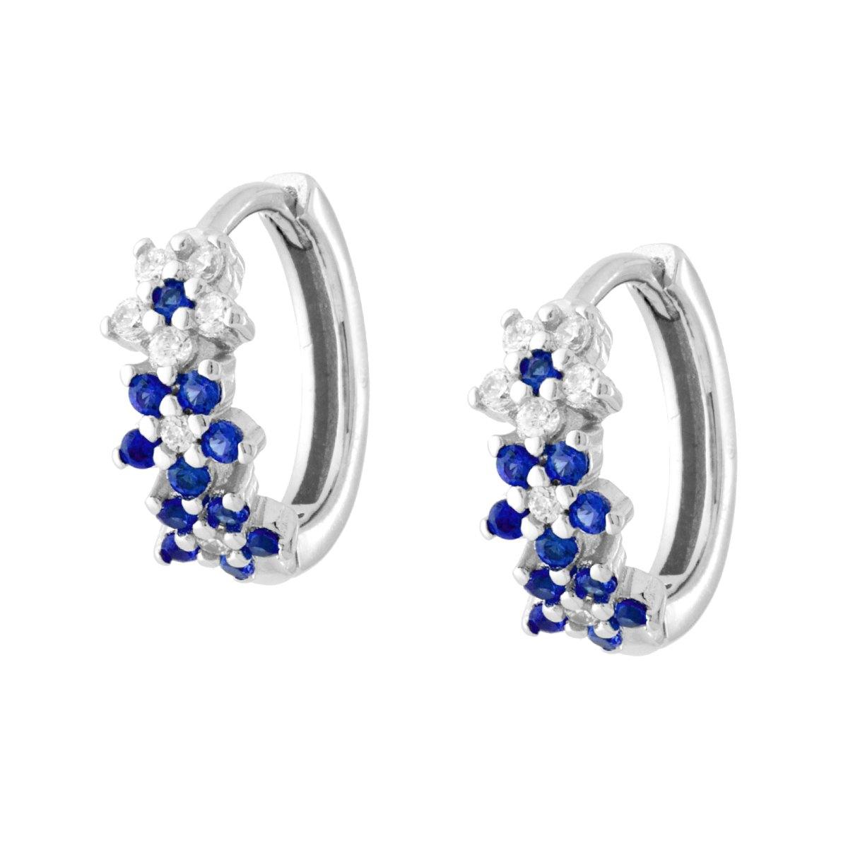 Orecchini Cerchio Fiori con Cubic Zirconia Blu Zaffiro e Bianchi in ARGENTO 925 Galvanica Rodio