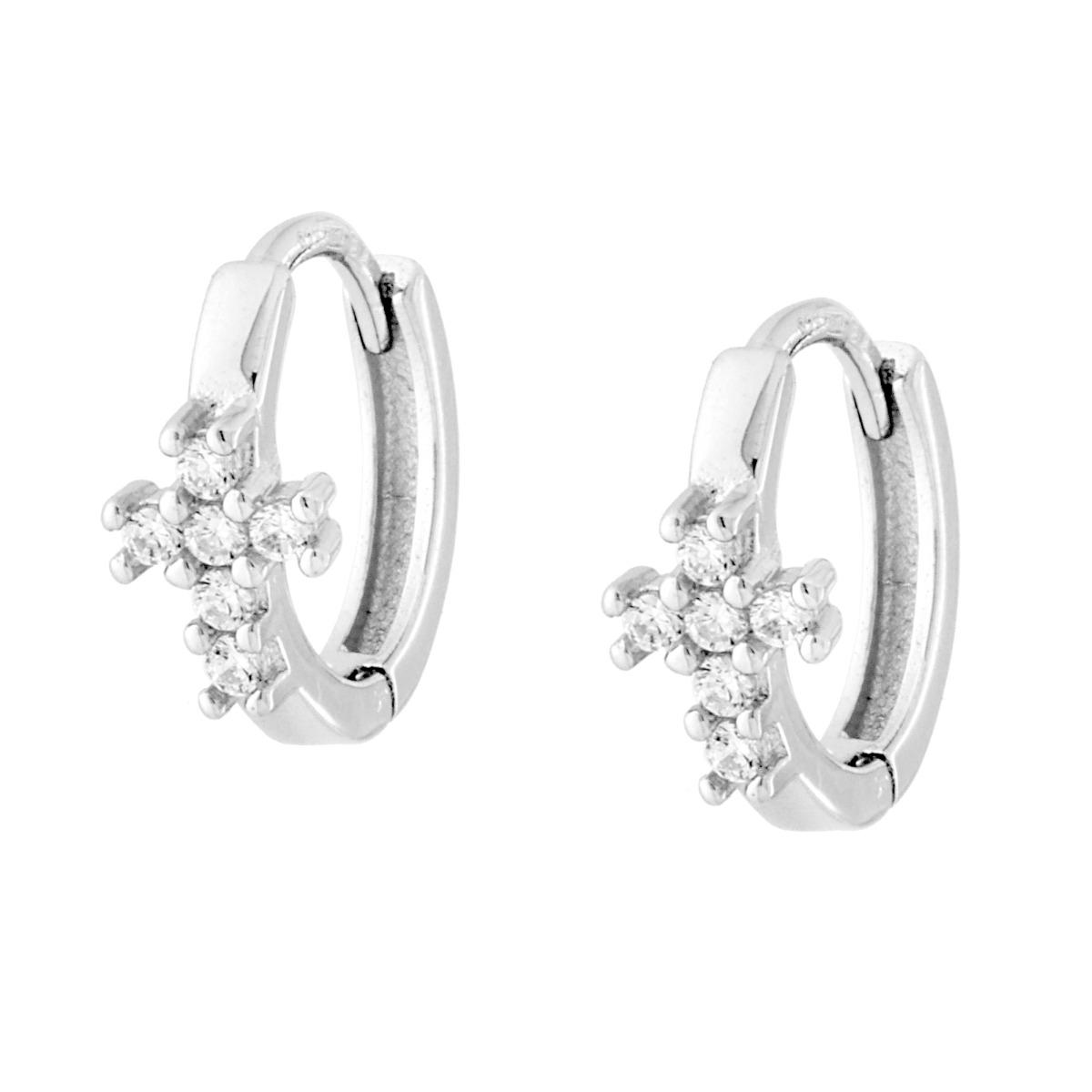 Orecchini Cerchio Croce con Cubic Zirconia Bianchi in ARGENTO 925 Galvanica Rodio