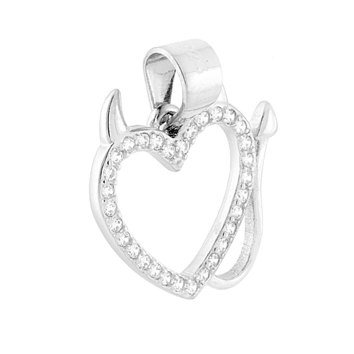 Ciondolo Cuore Diavoletto con Cubic Zirconia Bianchi in ARGENTO 925 Galvanica Rodio