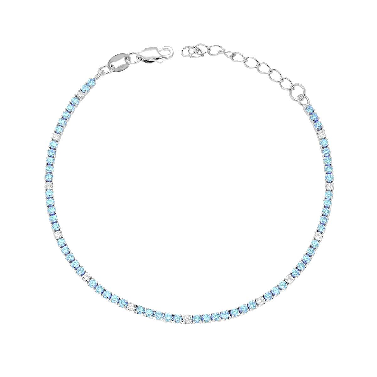 Bracciale Tennis Griffe cm 16+3 con Zirconi mm 1.7 alternati Bianchi e Acquamarina in ARGENTO 925 Galvanica Rodio