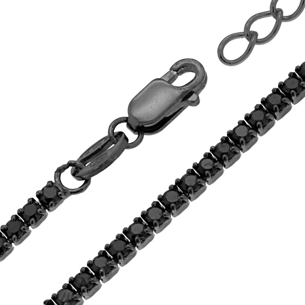 Bracciale Tennis Griffe cm 16+3 con Zirconi mm 1.7 Neri in ARGENTO 925 Galvanica Rutenio