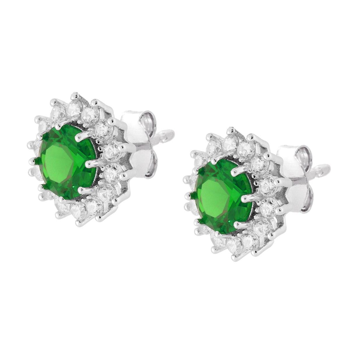 Parure Set Orecchini e Ciondolo Tondo Cubic Zirconia Verde Smeraldo contornato da Cubic Zirconia Bianchi in ARGENTO 925 Galvanica Rodio