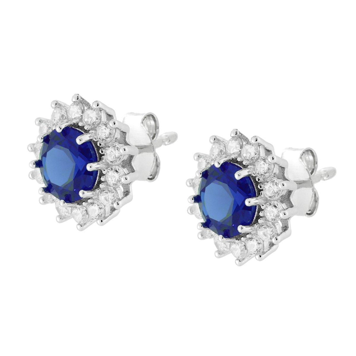 Parure Set Orecchini e Ciondolo Tondo Cubic Zirconia Blu Zaffiro contornato da Cubic Zirconia Bianchi in ARGENTO 925 Galvanica Rodio