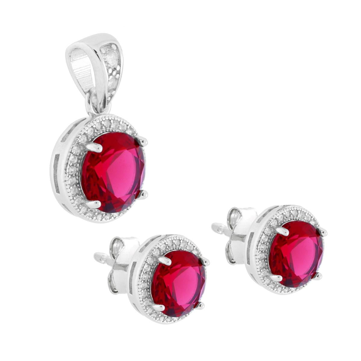 Parure Set Orecchini e Ciondolo Tondo Cubic Zirconia Rosso Rubino contornato da Cubic Zirconia Bianchi in ARGENTO 925 Galvanica Rodio