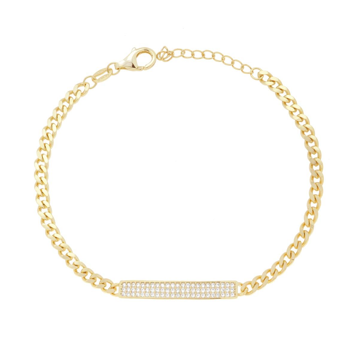 Bracciale Catena Grumetta Targa con Cubic Zirconia Bianchi in ARGENTO 925 Galvanica Oro