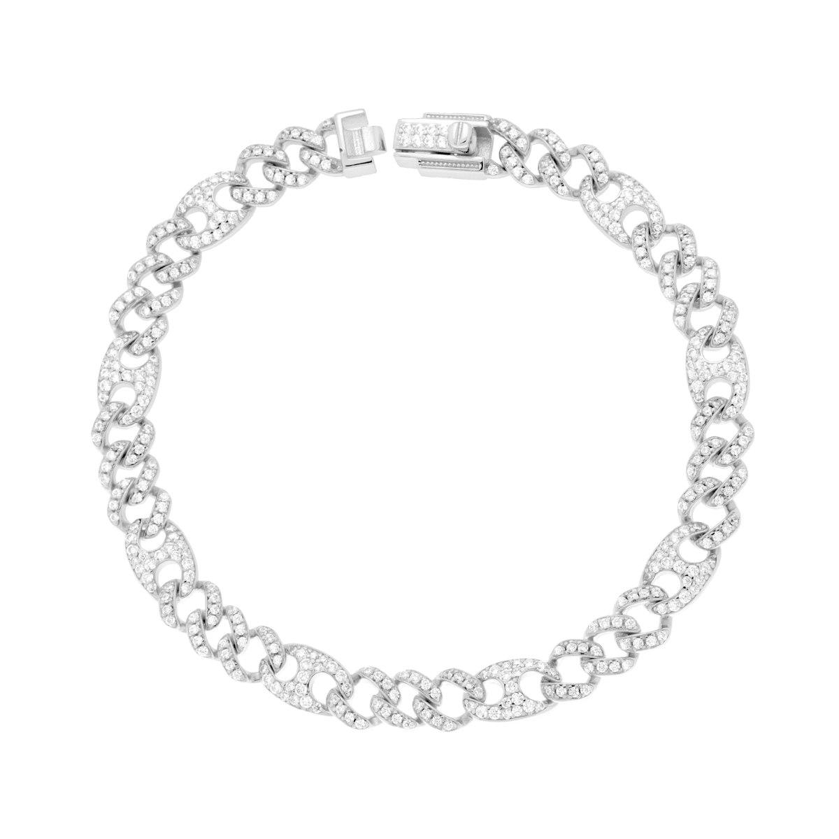 Bracciale Catena Grumetta e Marinara con Cubic Zirconia Bianchi in ARGENTO 925 Galvanica Rodio