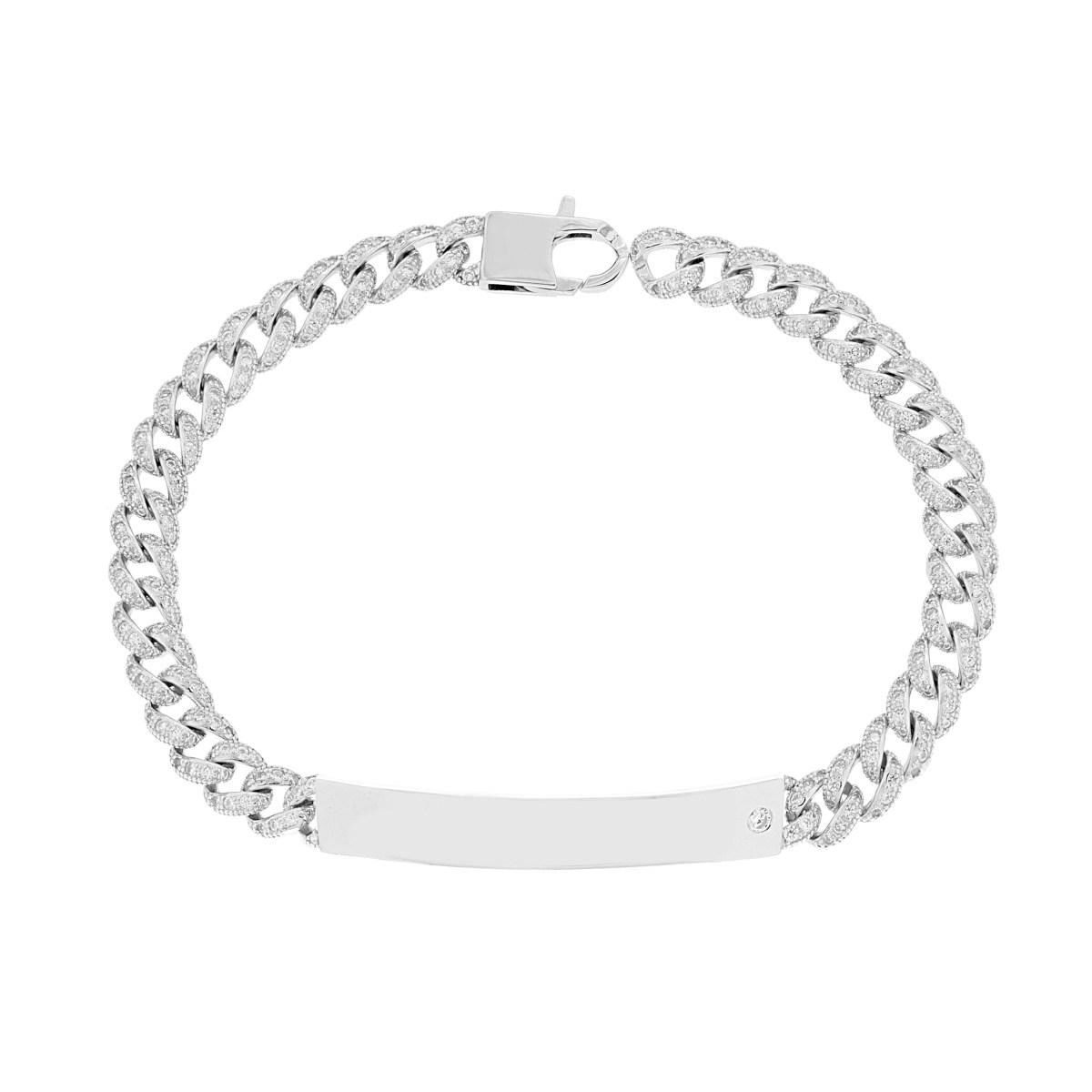 Bracciale Targa con Catena Grumetta con Cubic Zirconia Bianchi in ARGENTO 925 Galvanica Rodio