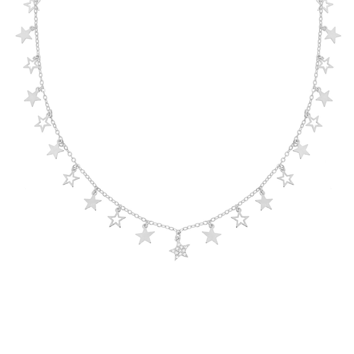 Collana Catena Forzatina Diamantata con Stelle pendenti plain e Cubic Zirconia Bianchi in ARGENTO 925 Galvanica Rodio