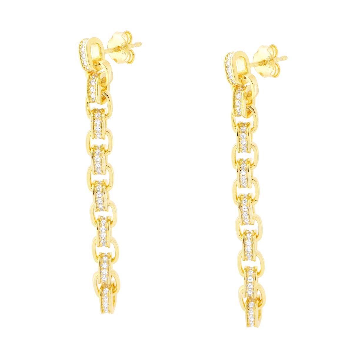 Orecchini Lunghi Catena Forzatina Rettangolare con Cubic Zirconia Bianchi in ARGENTO 925 Galvanica Oro